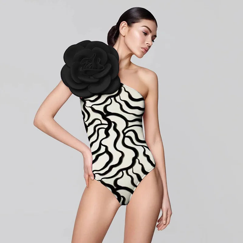 Blue One-Shoulder Ruffled Print Floral Swimsuit Set Cover Up Single Piece Micro Monokini Sexy Swimwear For Girls Summer Beach