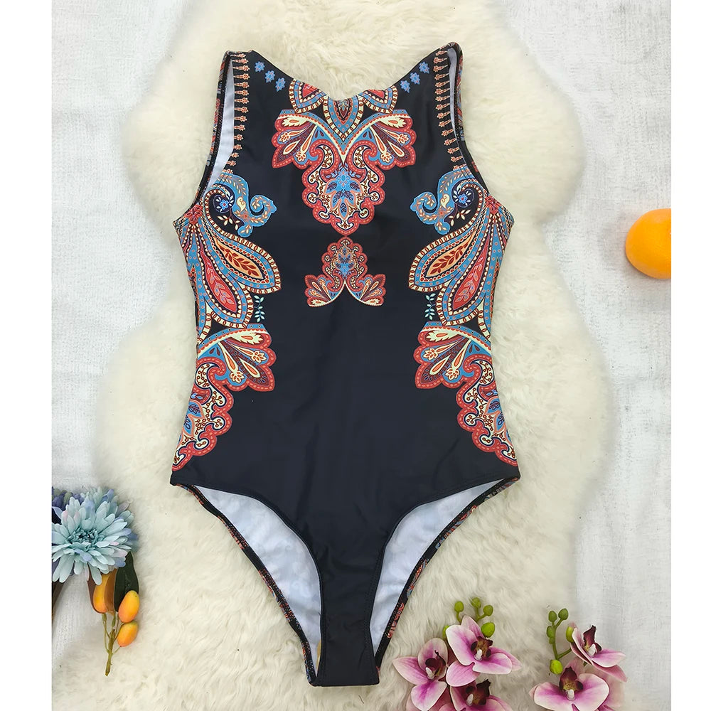 2026 New Printed One-piece Swimsuit Classic Printed Lace Up Swimsuit Women's Push Up Flower One-piece Suit Beach Wear For Female