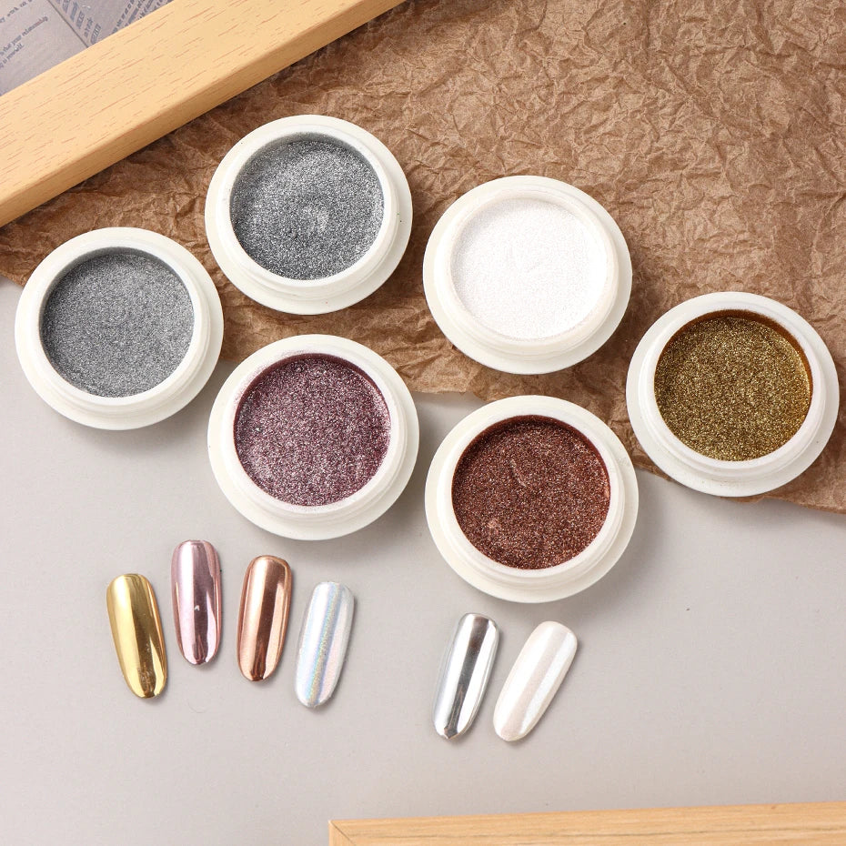 6pcs Chrome Mirror White Nail Powder Pigment Gold Silver Rubbing Holographic Aurora Iridescent Metallic Nail ArtPower Decoration