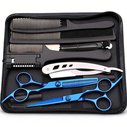 Home Salon Hair Styling Cutting Shears Set Stainless Steel Barber Thinning Scissors Kit with Razor Comb Hairpin Carry Bag 1001