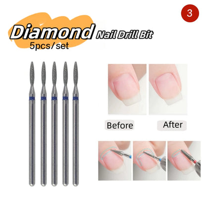 5PCS Diamond Nail Drill Bit Set of Milling Cutters for Manicure Diamond Bit Cuticle Remove Nail Bits for Electric Drill Machine