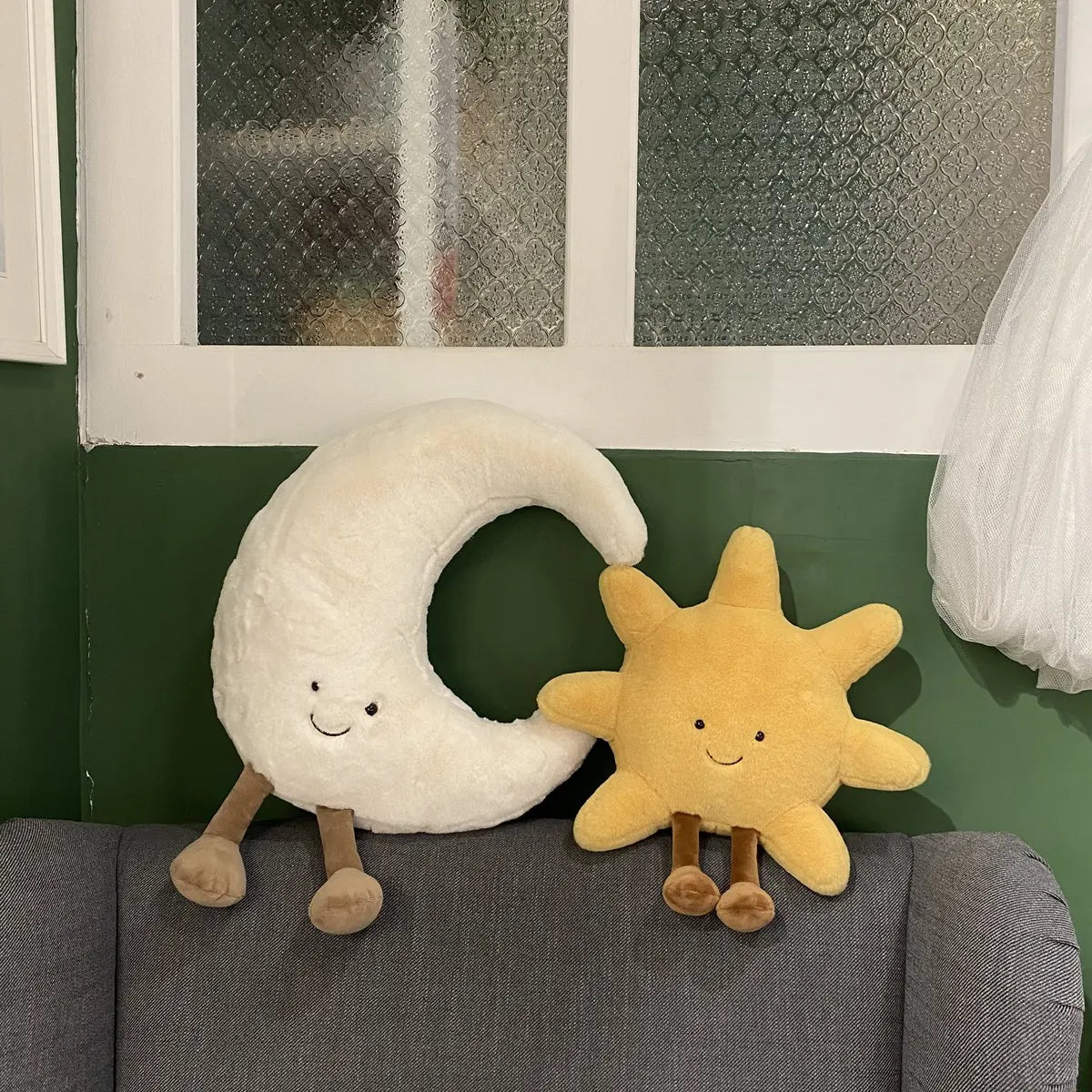 Deer INS Moon And Sun Plush Doll Stuffed Cartoon Cuddly Kawaii Sky Pillow with Legs Sitting Decor Pillow For Bedroom Sofa Chair