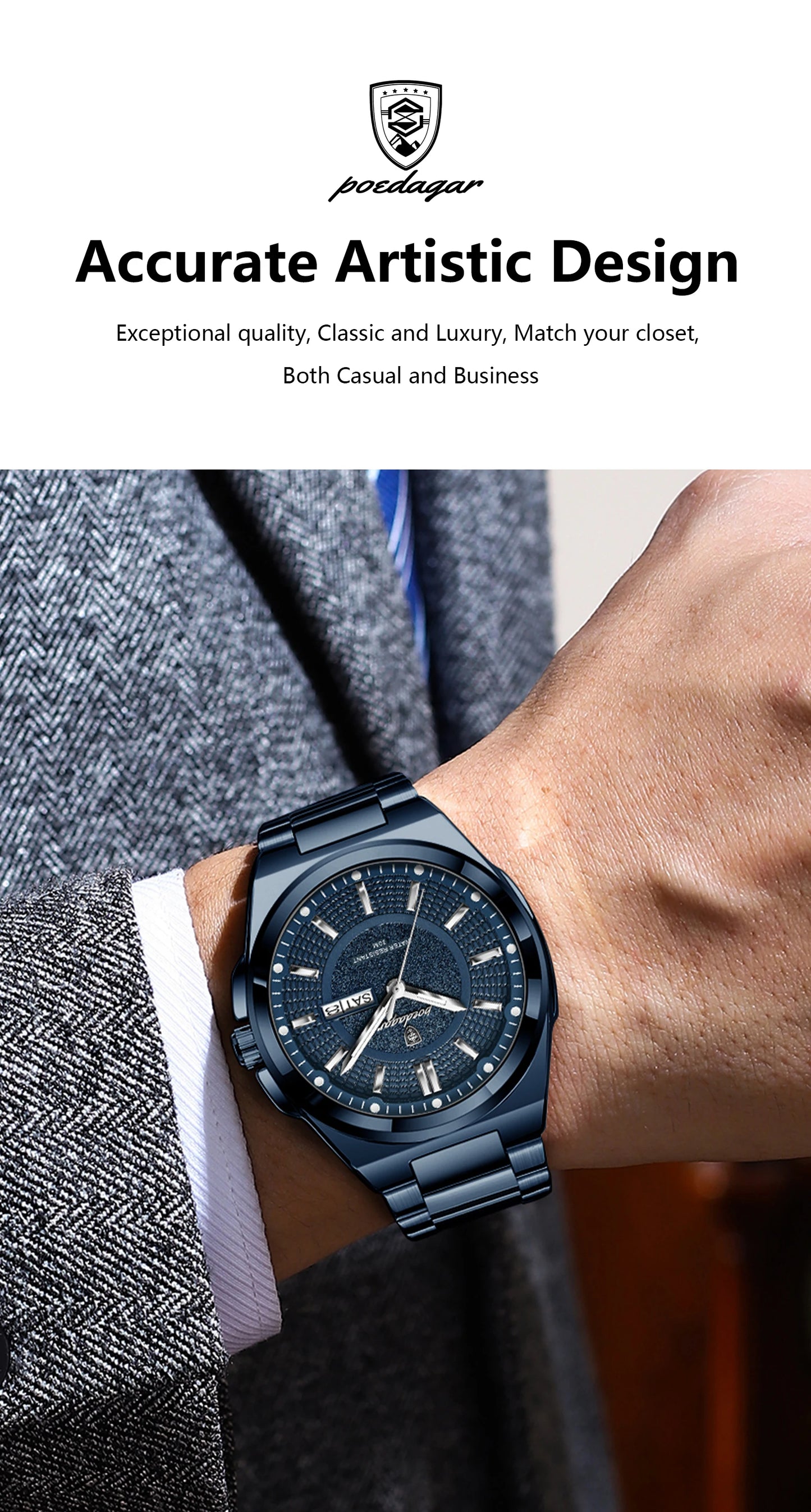 POEDAGAR Top Business Men Wristwatch Stainless Steel Waterproof Luminous Casual Man Watch Date Week Stylish Men's Quartz Watches