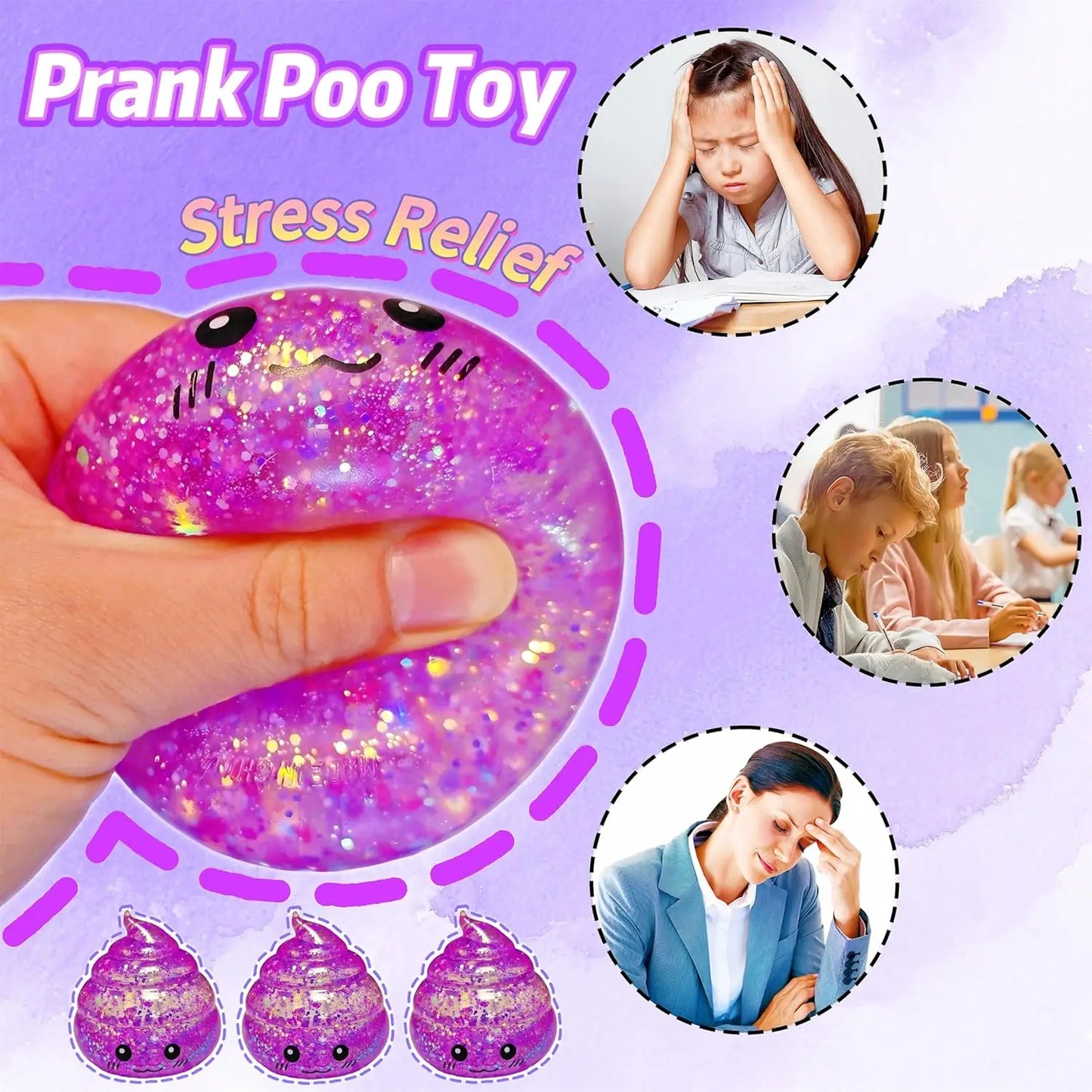 Novelty Squishy Poo Stress Ball Squishies Toys Glitter Funny Stretch Squeeze Fidget Toys for Kids Adults Fool's Day Prank Gift