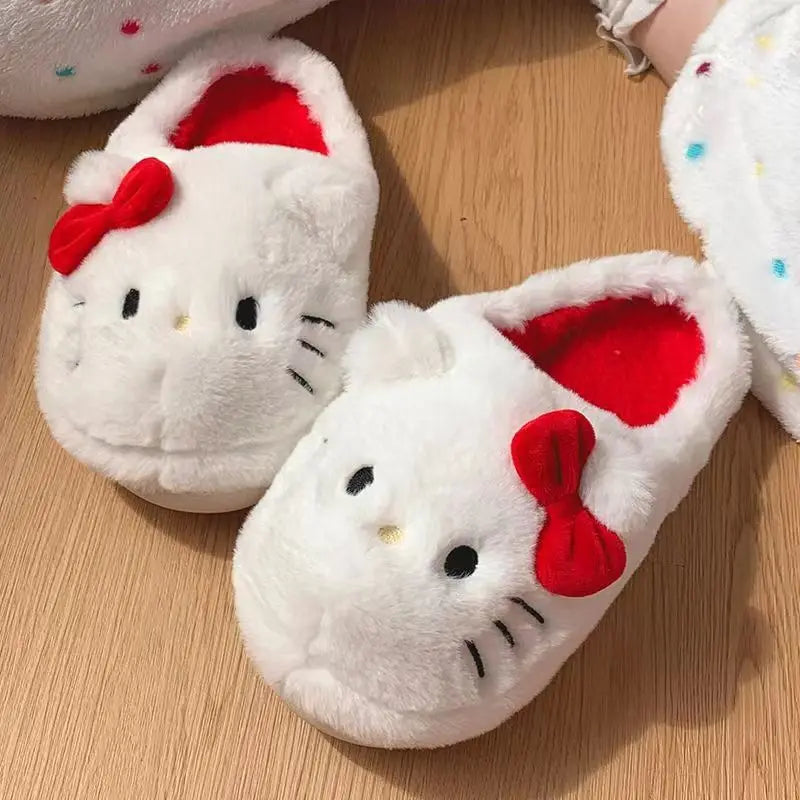 Kawaii Hellokitty Anime Warm Cotton Slippers Autumn Winter Thick Anti Slip Cartoon Plush House Slippers For Girls Surprise Gifts