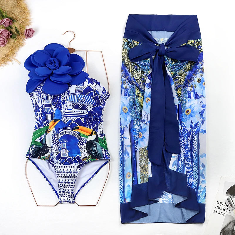 Blue One-Shoulder Ruffled Print Floral Swimsuit Set Cover Up Single Piece Micro Monokini Sexy Swimwear For Girls Summer Beach