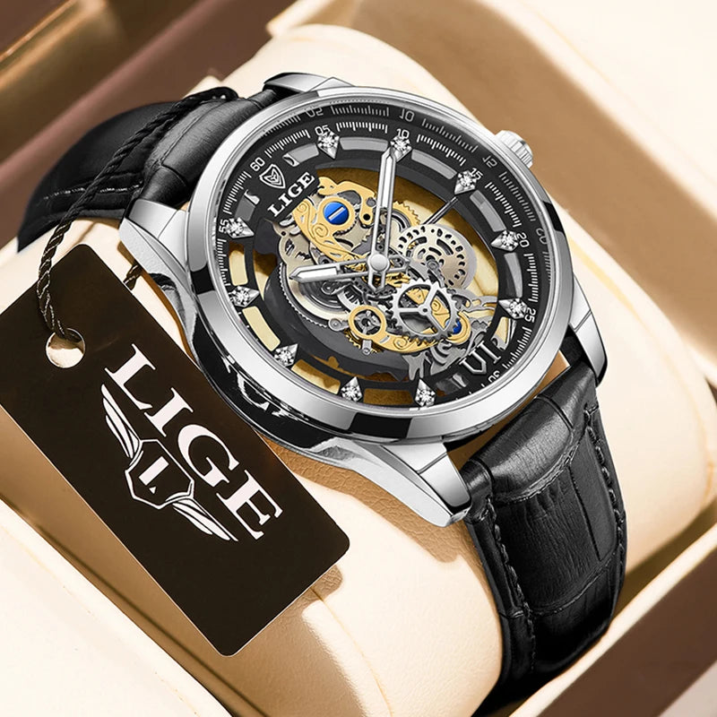 Original LIGE Men Watch Gold Stainless Steel Hollow Skeleton Quartz Watches for Men Fashion Military Waterproof Men Wristwatch