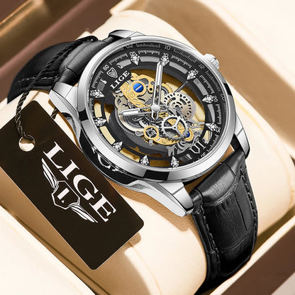 Original LIGE Men Watch Gold Stainless Steel Hollow Skeleton Quartz Watches for Men Fashion Military Waterproof Men Wristwatch