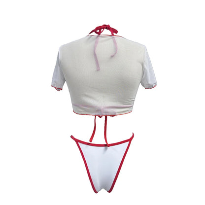XS -XL Cherry Printed Short Sleeve Bikini Female Swimsuit Women Swimwear Three-pieces Bikini set Bather Bathing Suit Swim V6854