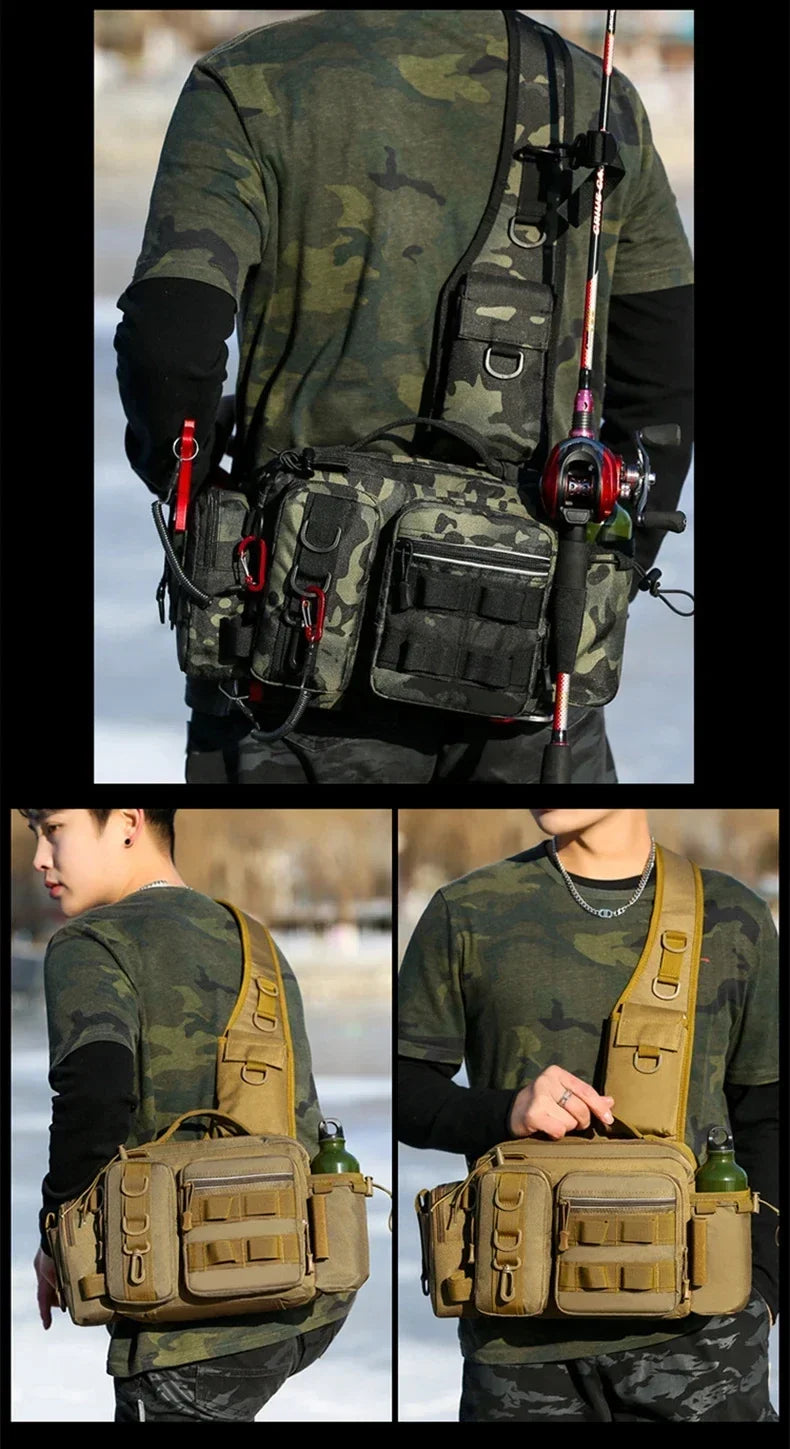 Large Capacity Fishing Gear Bag with Bait Box, 3-in-1 Shoulder Waist Crossbody Fishing Rod Storage Bag