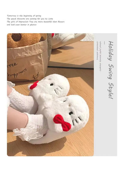 Kawaii Hellokitty Anime Warm Cotton Slippers Autumn Winter Thick Anti Slip Cartoon Plush House Slippers For Girls Surprise Gifts