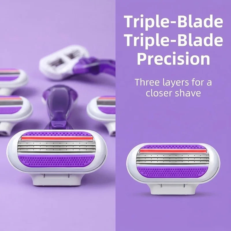 Women Razor 1 Handle 3 Layer Cartridges Stainless Steel Blade Rubber Handle Reusable Body Hair Remove Razor Blade