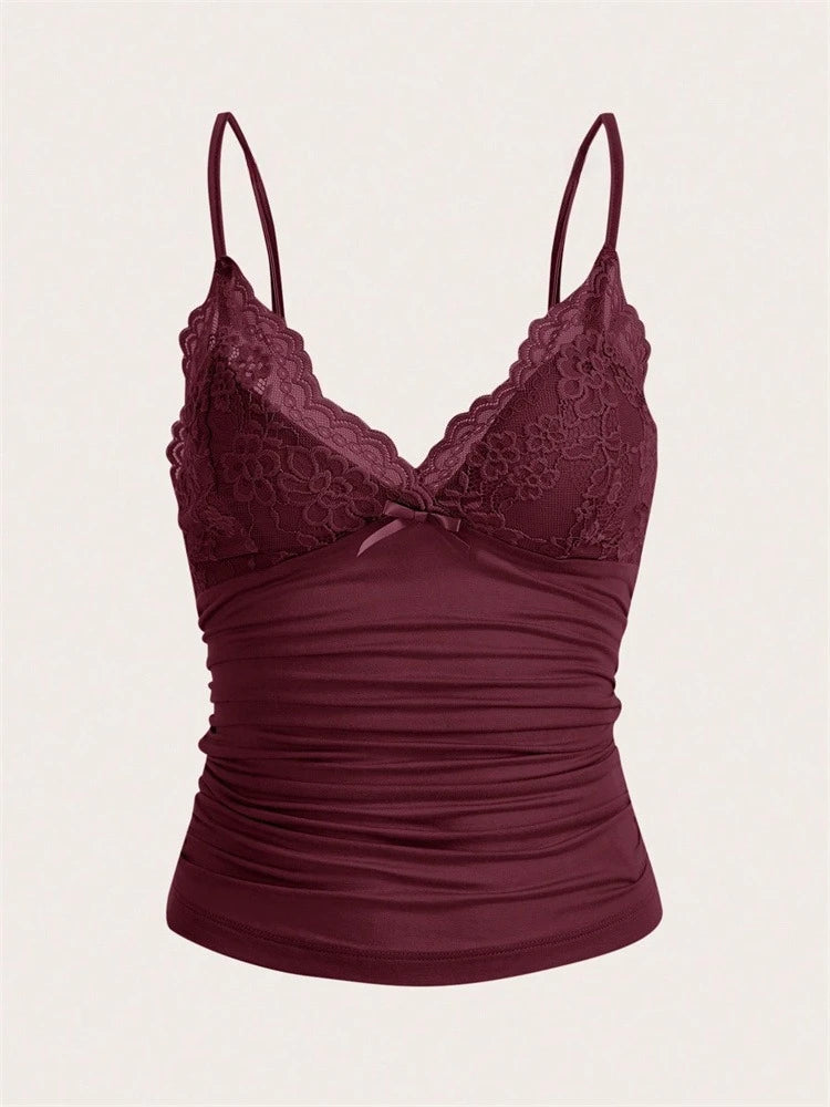 Contrast-Lace Bow-Front Cami Crop Top