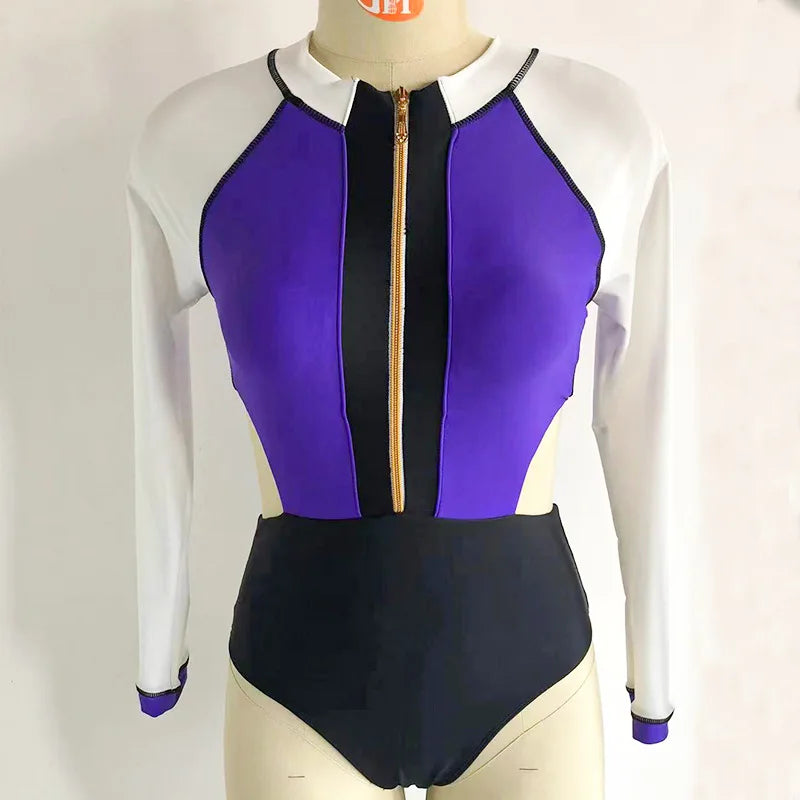 New Patchwork One-Piece Swimsuit Long Sleeve Swimwear Sports Backless Women's Swimming Bathing Suit Beach Wear Bather Surfing