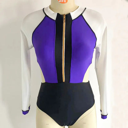 New Patchwork One-Piece Swimsuit Long Sleeve Swimwear Sports Backless Women's Swimming Bathing Suit Beach Wear Bather Surfing