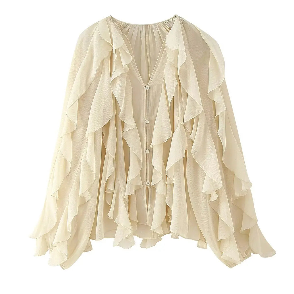 YENKYE New 2025 Women Sexy Semi-sheer Ruffle Shirt Long Sleeve V Neck Front Button Autumn Blouse Burgundy Blusas Mujer