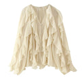 YENKYE New 2025 Women Sexy Semi-sheer Ruffle Shirt Long Sleeve V Neck Front Button Autumn Blouse Burgundy Blusas Mujer