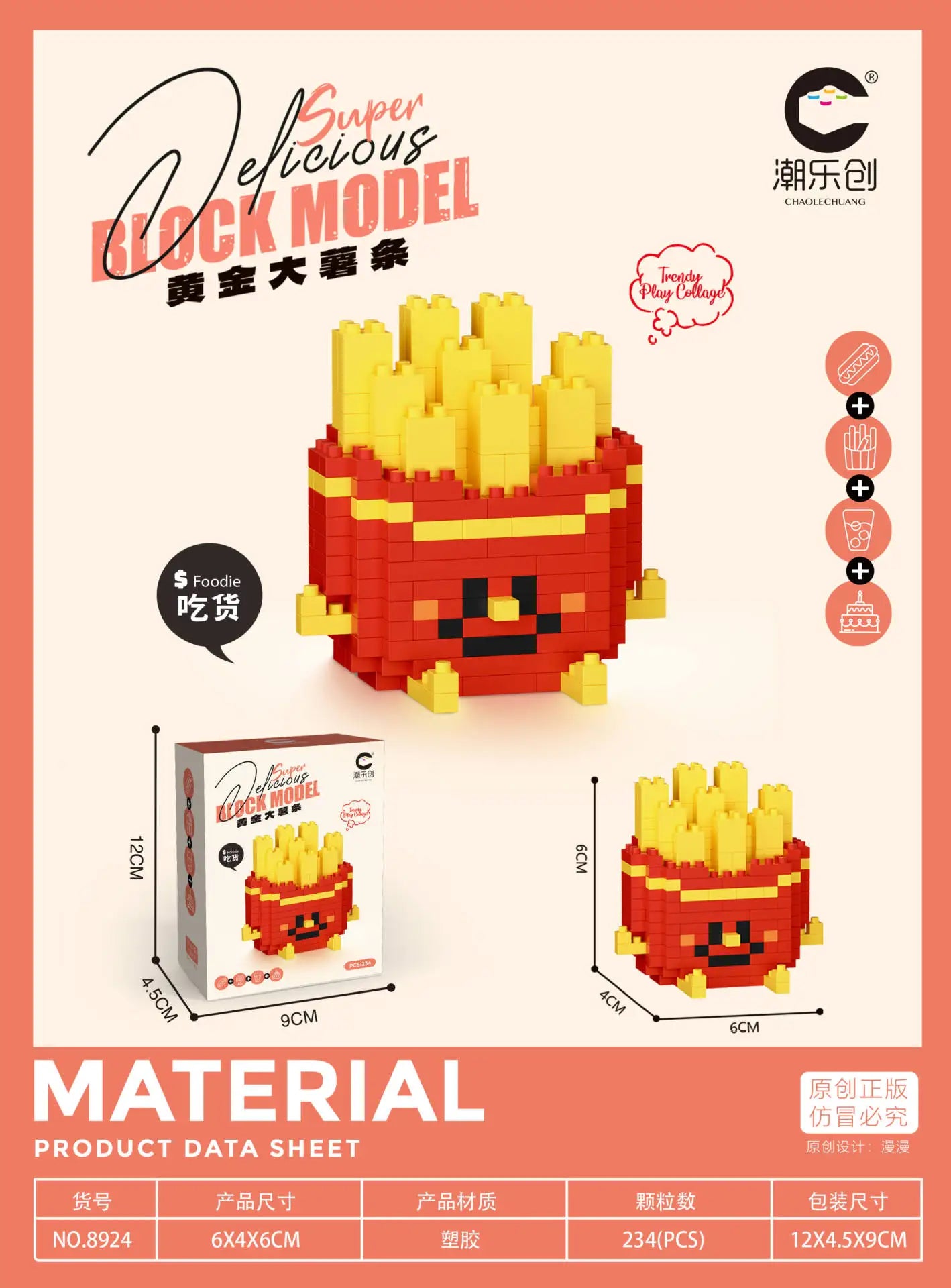 CLC Diamond Particle Casual Splicing Fruit French Fries Burger Block Toys Happy Food and Play Series Toys for Children Gifts
