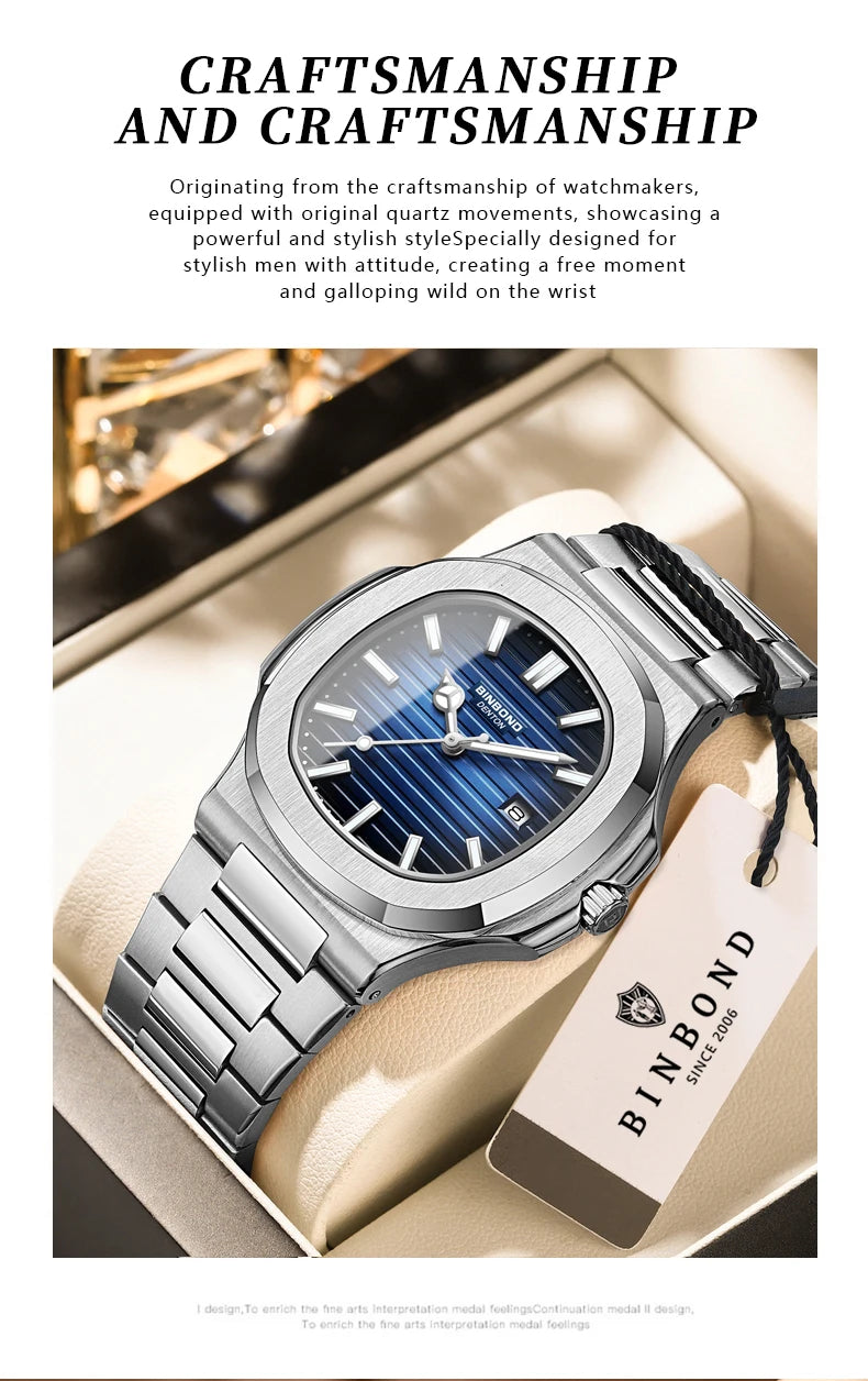 BINBOND sturdy stainless steel strap quartz wristwatches for men luxury luminous waterproof auto date accurate men's watch reloj