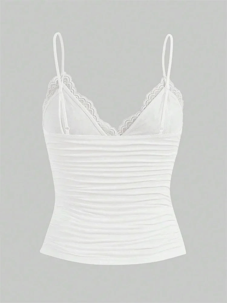 Contrast-Lace Bow-Front Cami Crop Top