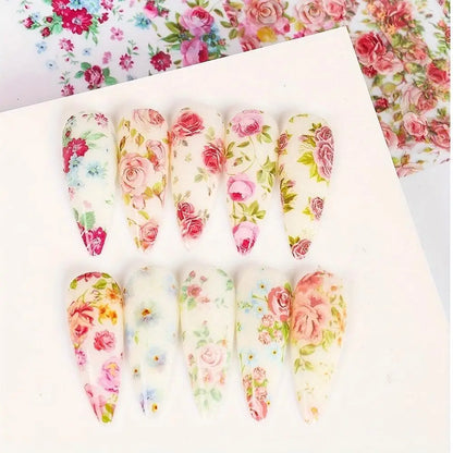 10PCS Mixed Nail Art Foils Transfer Sticker Set Rose Flower Designs Floral Starry Sky Nail Wraps Wedding Summer Manicure Decor
