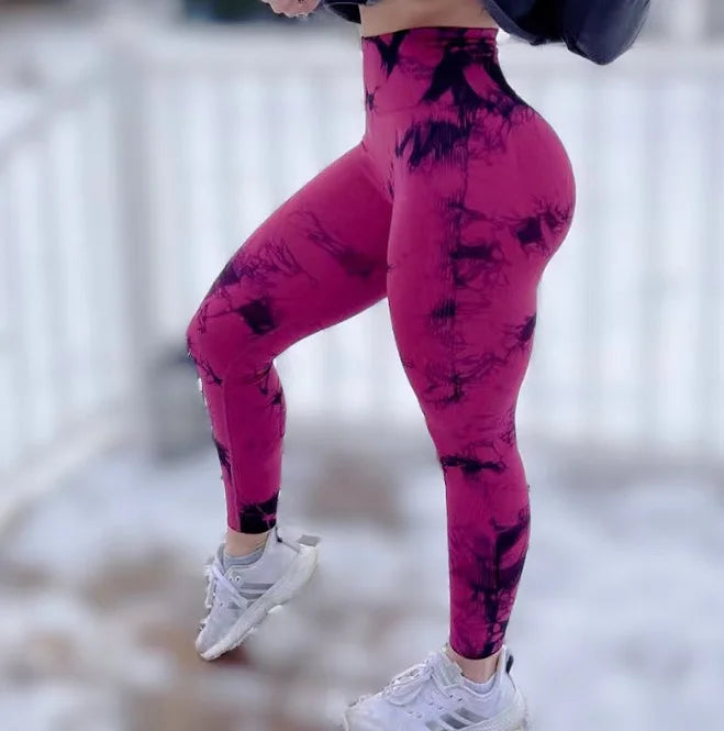 Women Athletic Tie Dye Gym Leggings Butt Lifting Workout Thick Elastic Yoga Pants Fitness Sports High Waist Training Tights