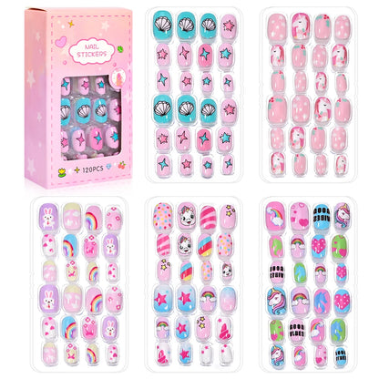 120Pcs/Box Cartoon Gril Princess Children Press On Nails 6-14Years Kawaii Cat/Flowers/Rainbow Nail Tips With Jelly Gel Girl Gift