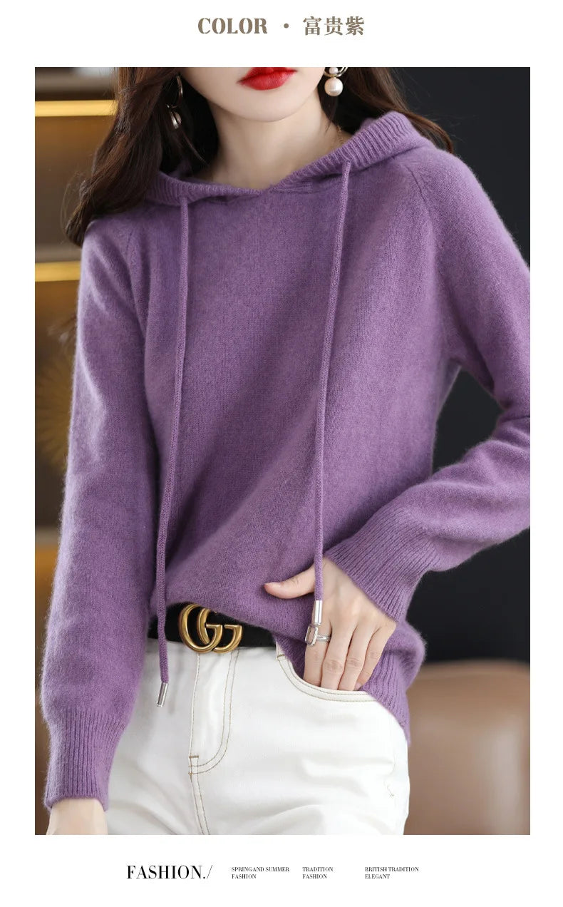 Hooded Sweater Fashion Women Autumn Winter Long Sleeve Solid Color Knitted Hoodies Lady Loose Drawstring Casual Pullover Hoodie