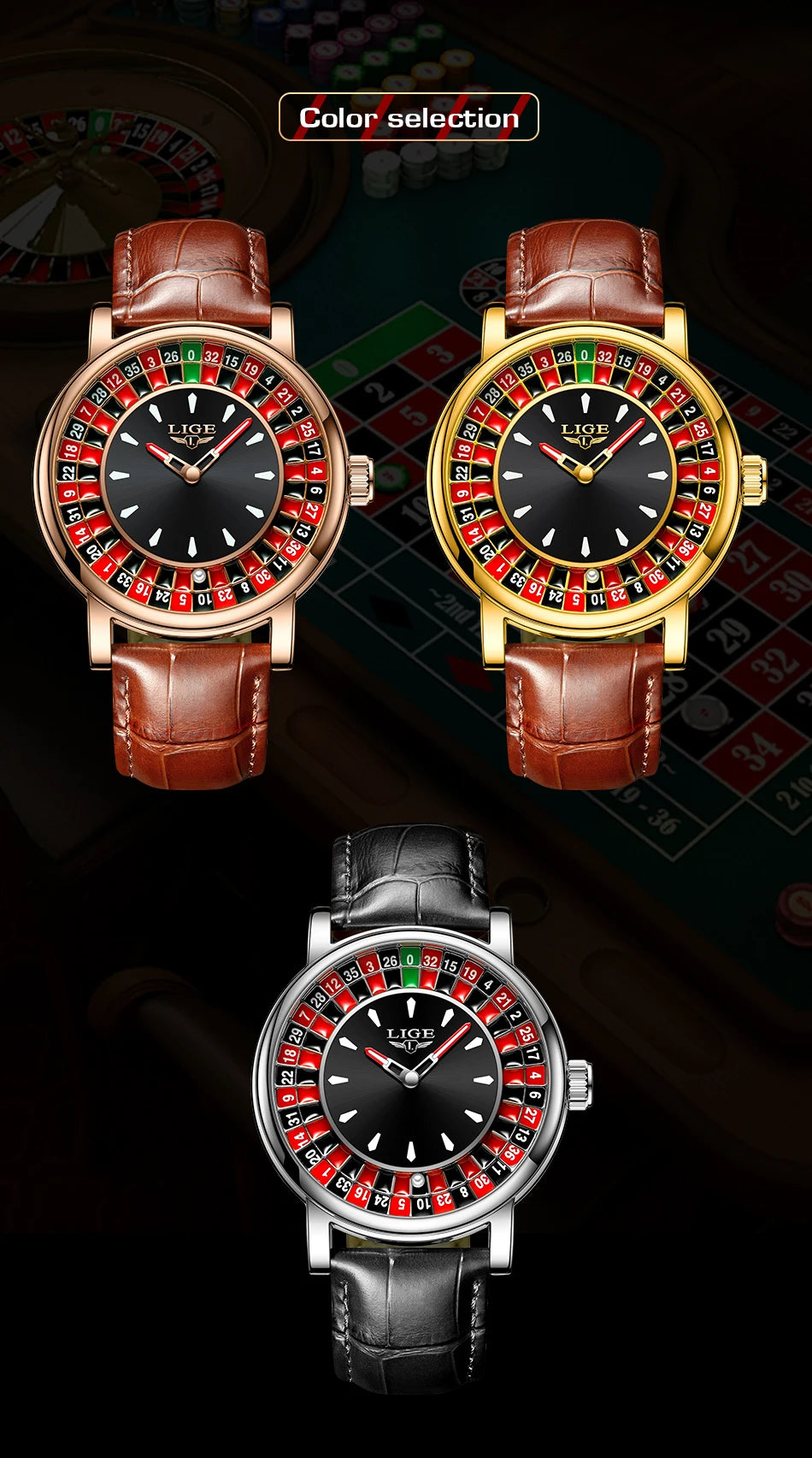 LIGE Fashion Men Watch Rotating Dial Las Vegas Roulette Desktop Theme Watch Men Waterproof Luminous Clock Watches Creative Clock