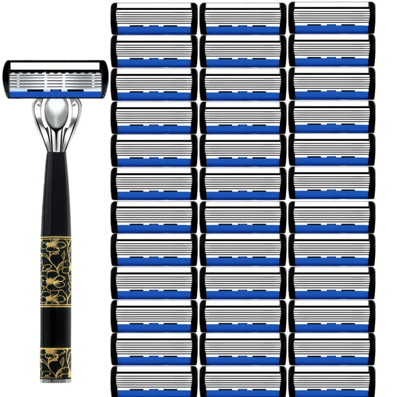 Razor Classic 6 Layer Safety Razor For Men Shaving Hair Removal Shaving Blades Manual Shaver Green 1 Handle With 3 Blades Razors