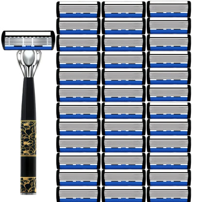 Razor Classic 6 Layer Safety Razor For Men Shaving Hair Removal Shaving Blades Manual Shaver Green 1 Handle With 3 Blades Razors