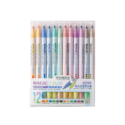 12pcs Double-ended Magic Color Changing Highlighter Pen Set, Student Diary Scrapbook Painting DIY Making, Classroom and Office S