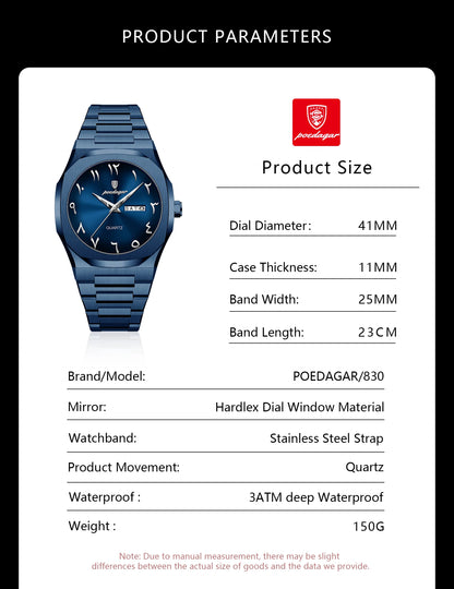 POEDAGAR Luxury Fashion Men's Clock Waterproof Week Date Male Watch Quartz Stainless Steel Business Watches For Man Reloj Hombre