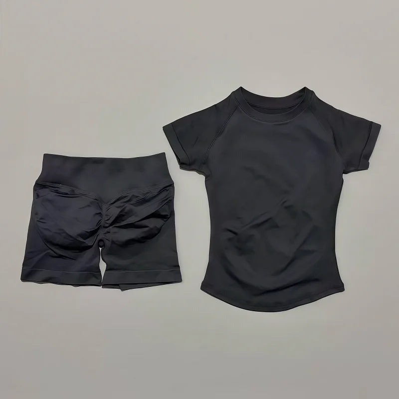 2 Pieces HISTELLO Sports Sets Short Sleeve Seamless Yoga Top Fitness Set Women Workout Running Sports Shorts Gym Suit