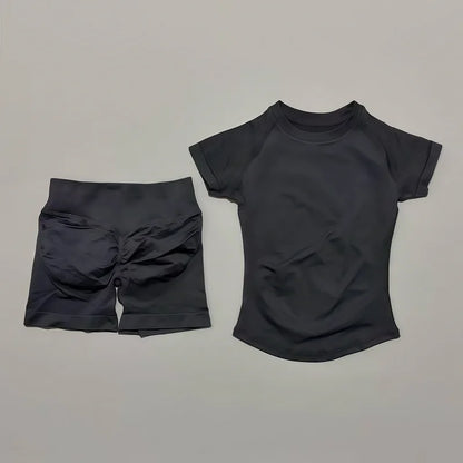 2 Pieces HISTELLO Sports Sets Short Sleeve Seamless Yoga Top Fitness Set Women Workout Running Sports Shorts Gym Suit