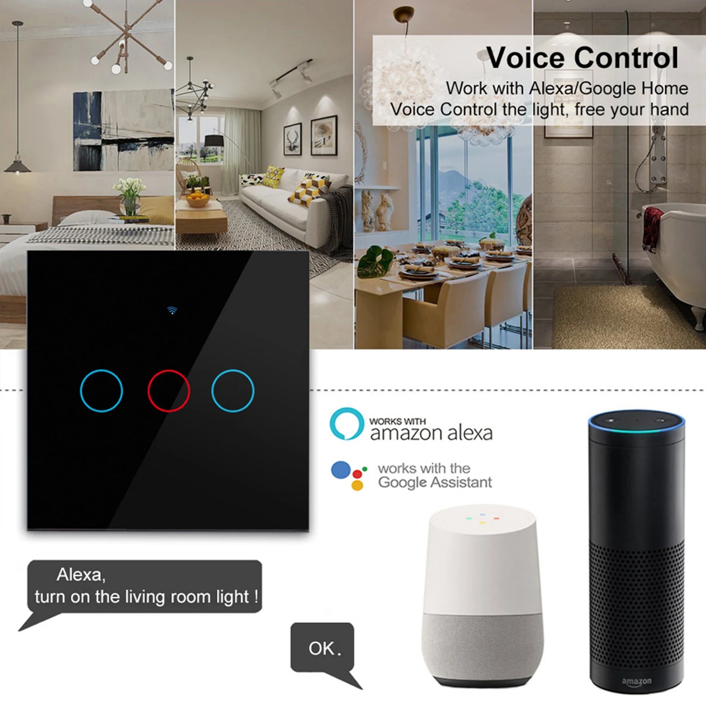EU WiFi Smart Light Switches No Neutral Wire Touch Switch RF433 Smart Home Life Tuya App Control Support Alexa Google Home