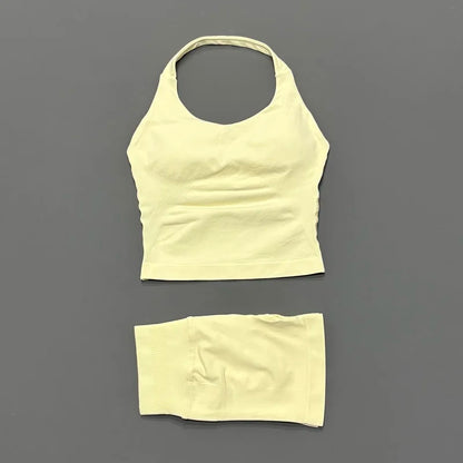 2 Pieces Shorts Yoga Set Women Backless Halter Tops High Waist Seamless Shorts Gym Suit Fitness Sportswear Workout Sets