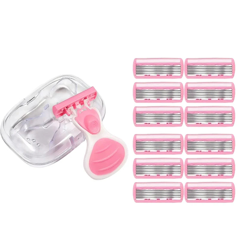 6-layer Portable Women Razor for Travel Face Leg Bikini Body Hair Shaving With Protective Net Blade Lady Manual Shaver Set