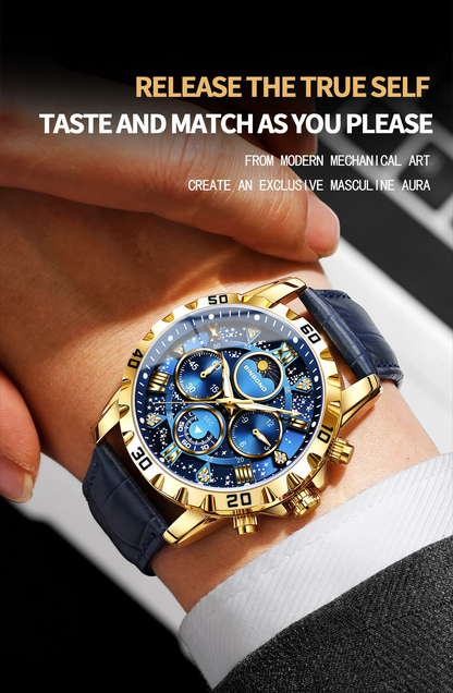 BINBOND Genuine accurate quartz wristwatches for men luxury luminous waterproof chronograph leather strap men's watch reloj