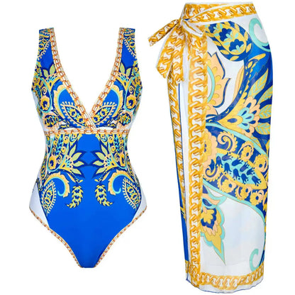 Blue One-Shoulder Ruffled Print Floral Swimsuit Set Cover Up Single Piece Micro Monokini Sexy Swimwear For Girls Summer Beach
