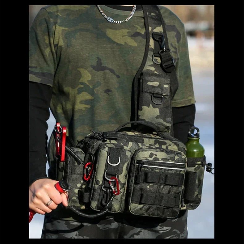 Large Capacity Fishing Gear Bag with Bait Box, 3-in-1 Shoulder Waist Crossbody Fishing Rod Storage Bag