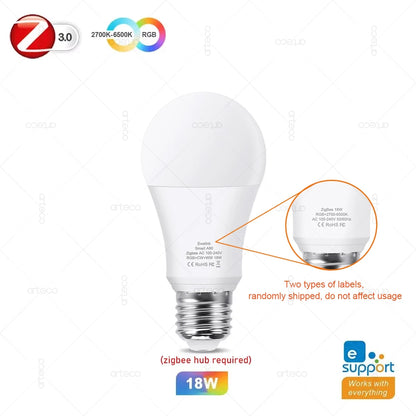 15W 18W E27 Zigbee Smart Light Bulbs RGB E27 Led Bulb AC100-240V Smart Home Zigbee Lamp Works With Alexa Google Home Smartthings