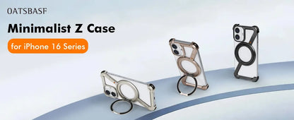Oatsbasf Z Shape Phone Case for iPhone 16 15 14 Pro Max with Stand 360°Rotatable Magsafe Minimalist Frameless Protective Cover