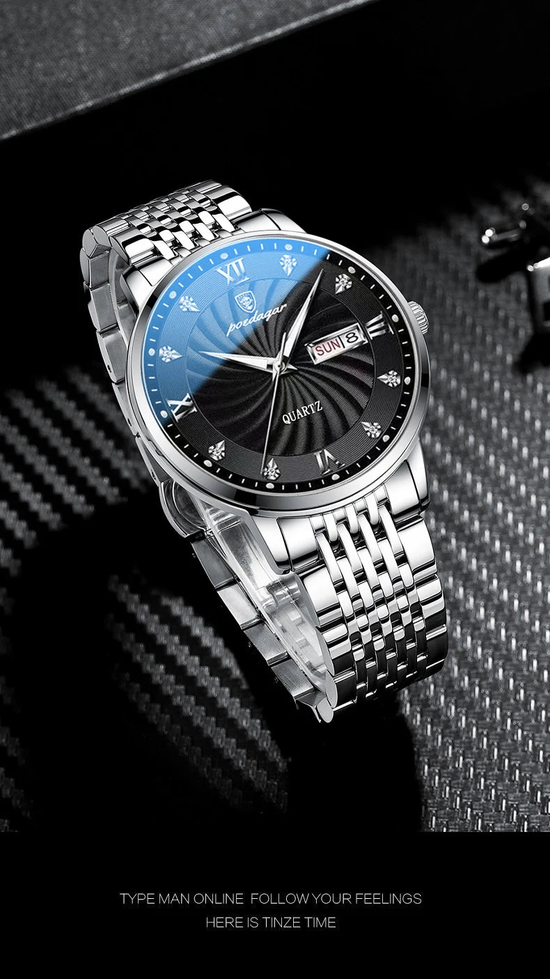 POEDAGAR Luxury Brand Man Watch Waterproof Luminous Date Week Men's Quartz Wristwatch Stainless Steel Fashion Sports Men Watches
