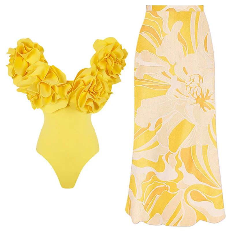 Blue One-Shoulder Ruffled Print Floral Swimsuit Set Cover Up Single Piece Micro Monokini Sexy Swimwear For Girls Summer Beach