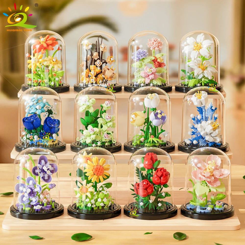 HUIQIBAO MOC Eternal Bouquet Display Box Micro Building Blocks Flower Model DIY Home Desk Plant Decoration Brick Toy For Childre