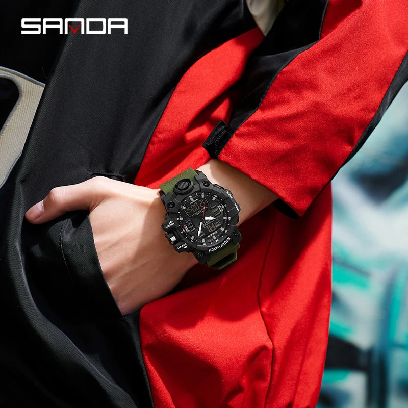 SANDA Outdoor Sports Military Mens Watch LED Digital Electron Quartz Male Wristwatch Dual Display Clock Men Relogio Masculino