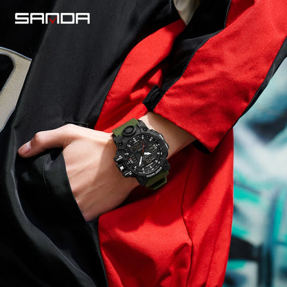 SANDA Outdoor Sports Military Mens Watch LED Digital Electron Quartz Male Wristwatch Dual Display Clock Men Relogio Masculino