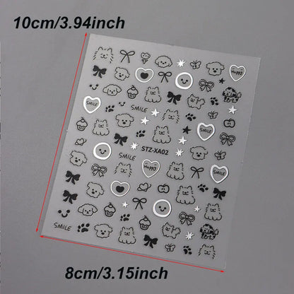2pcs 3D Cute Silver Smile Dog Decals Y2K Cartoon Cat Footprint Nail Stickers Graffiti Star Heart Bowknot Manicure Slider Decor