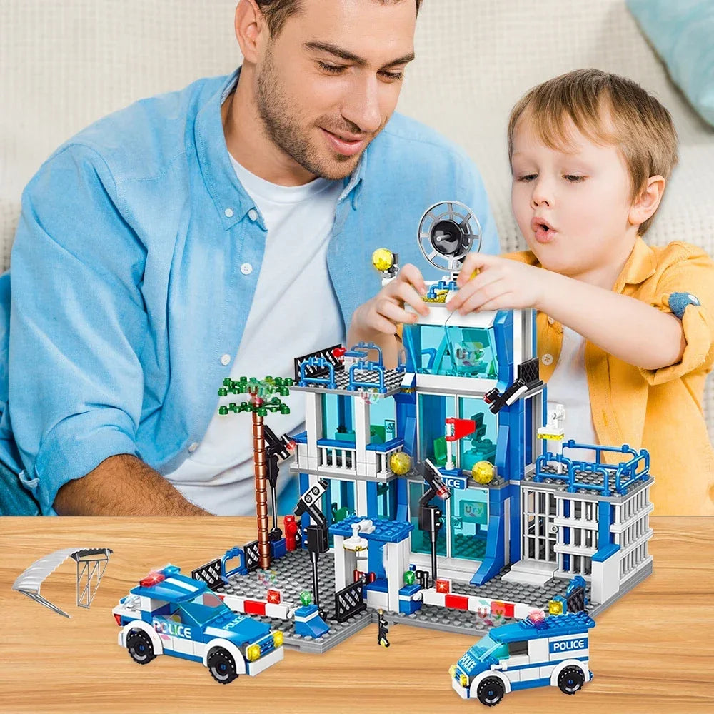City police station building block group boy DIY car brick police station model building children's educational toy gift